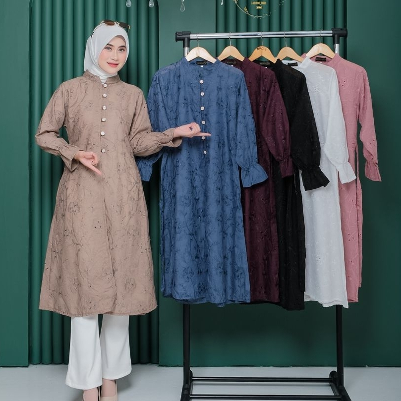 Long Tunik Katun Bordir Bolong ( Katbol ) Wanita Kancing Depan Terbaru  Kekinian