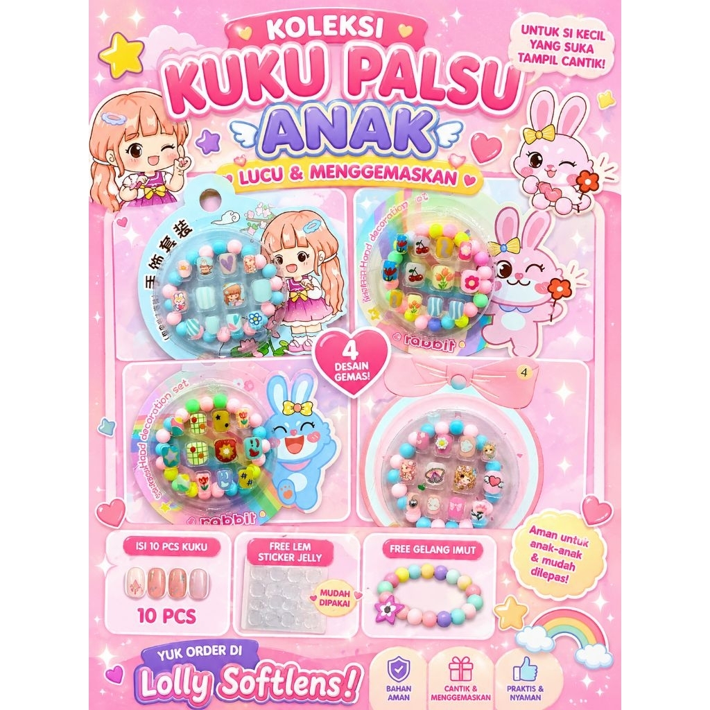 [Lolly Softlens] Kuku Palsu Anak & Gelang Lucu Free Lem Sticker