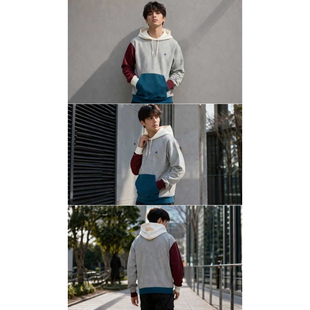 Japan Market | Hoodie Champio* Colorblock Hoodie Original - Rare Asymmetric Maroon Grey Teal | Stree