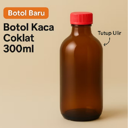 Botol Kaca Coklat 300ml(Sudah termasuk tutup). Untuk Botol Jamu, Botol Sirup, Botol Madu, Botol Parf
