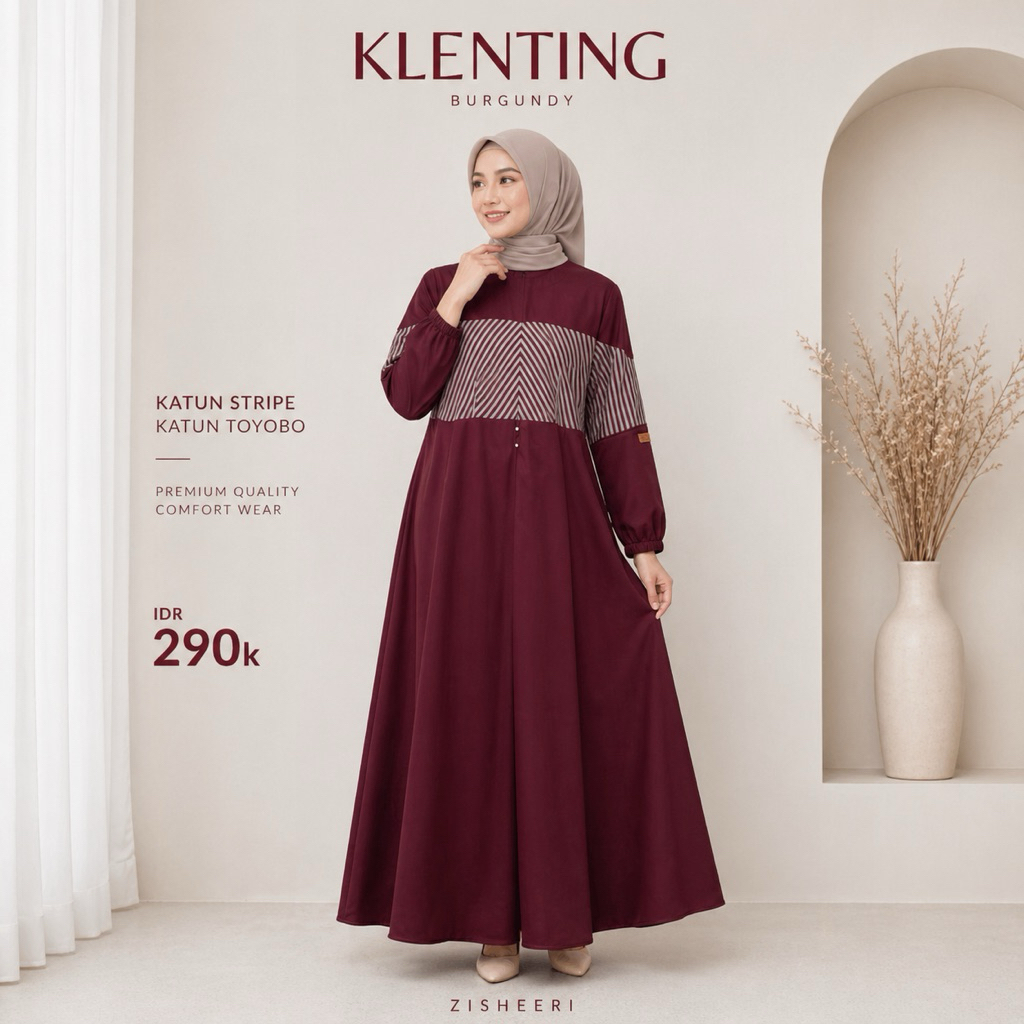 ZISHEERI GAMIS KLENTING Burgundy Bahan Katun Daily Dress