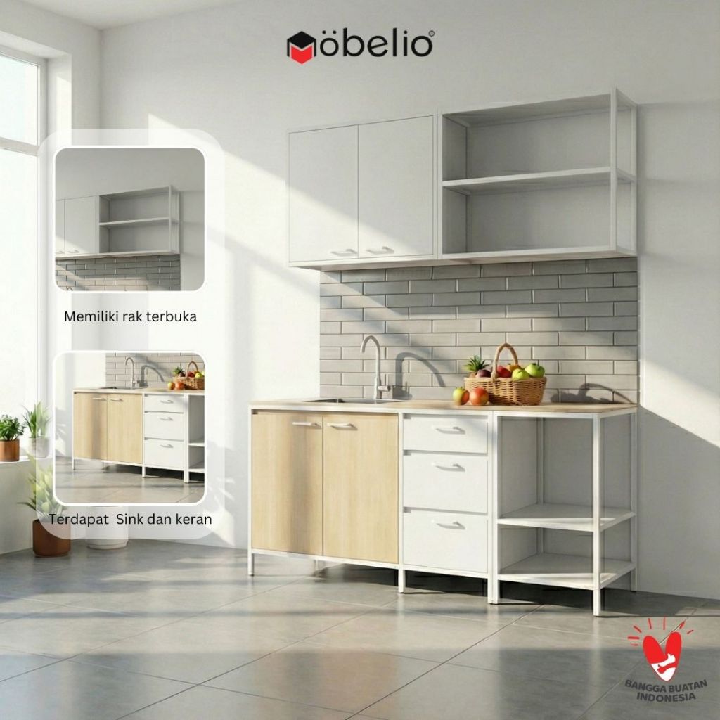 MOBELIO - Kitchen Set Besi Lemari Atas Bawah 3 Pintu Sink Kabinet Kitchen Set Cabinet Steel Minimali