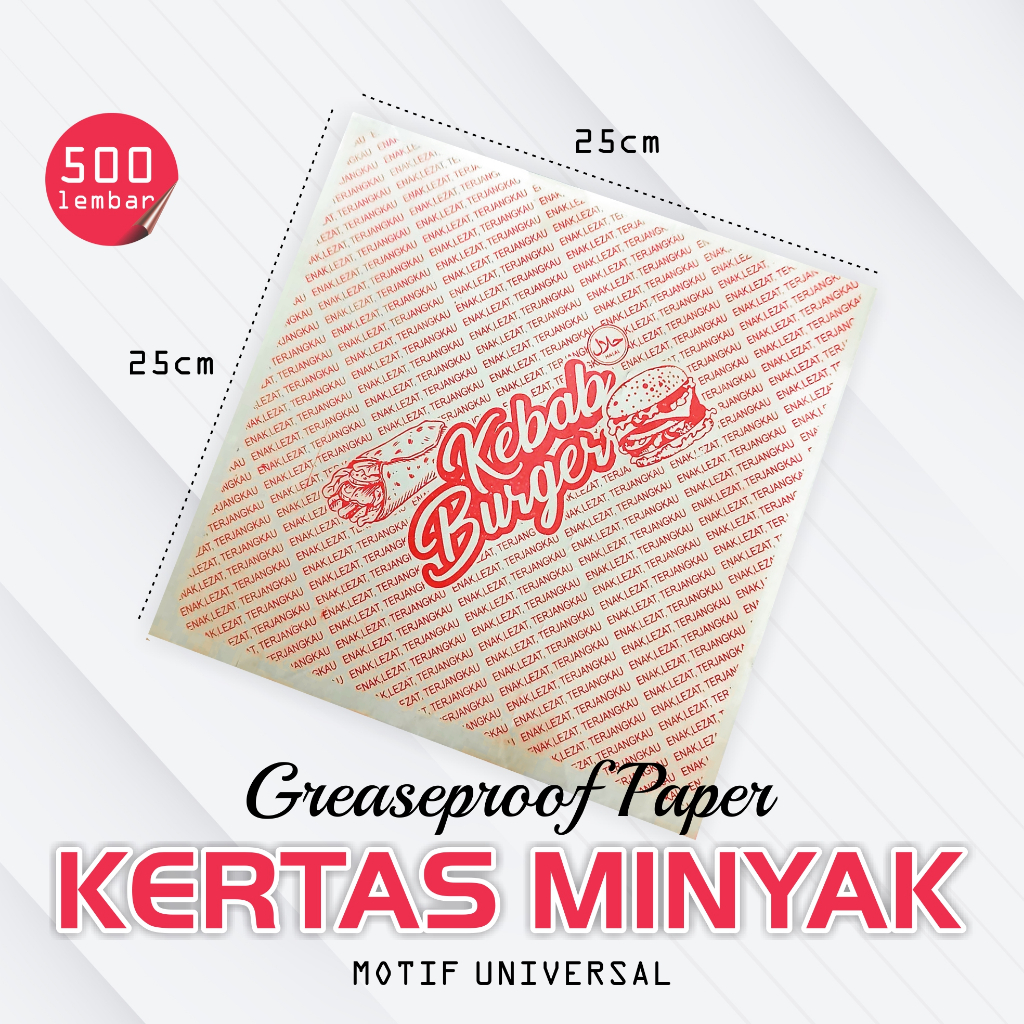 500 Lembar Kertas Bungkus Kebab dan Burger - Tahan Minyak, Ukuran 25cm x 25cm