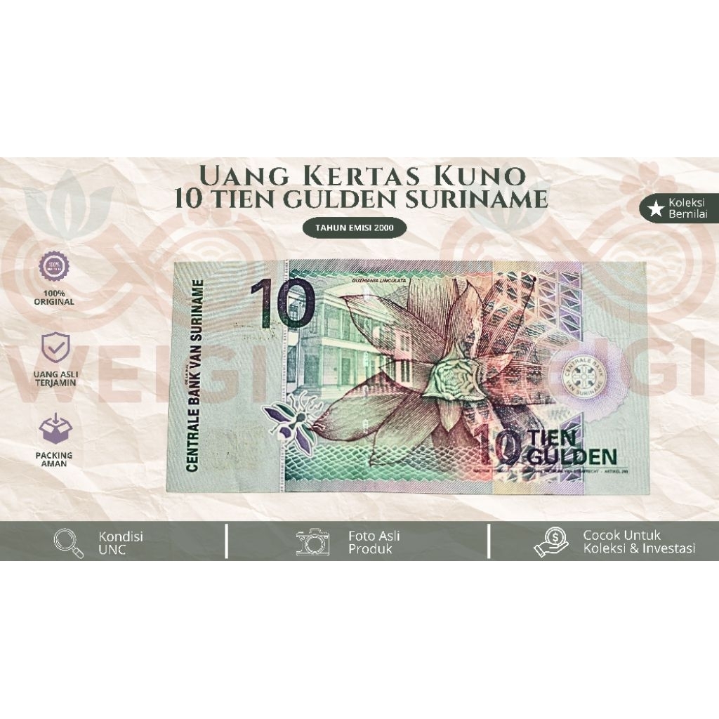 Uang Kertas Kuno Suriname 10 Tien Gulden Emisi Tahun 2000 - Kondisi UNC Gress