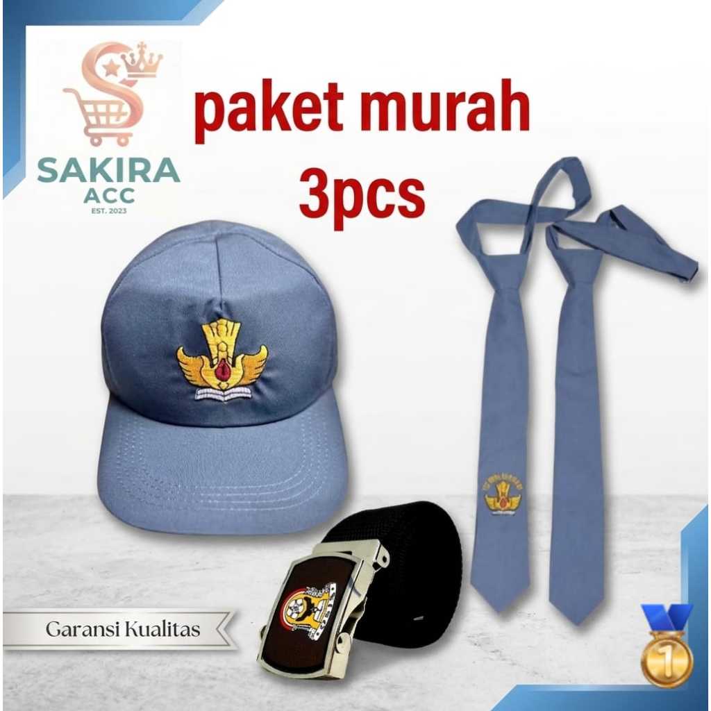SKR Paket 3pcs Perlengkapan Sekolah Topi Dasi Dan Sabuk SMA SMK