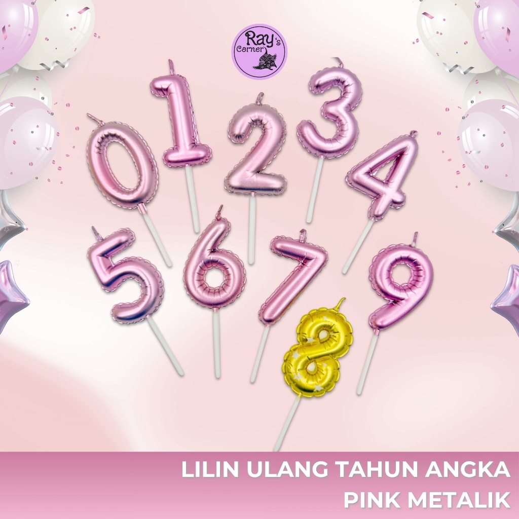 Set Bundle 2 Angka | 7563-6 Lilin Ulang Tahun Angka Bentuk Balon Pink Metalik Angka 0 Sampai 9 Premi