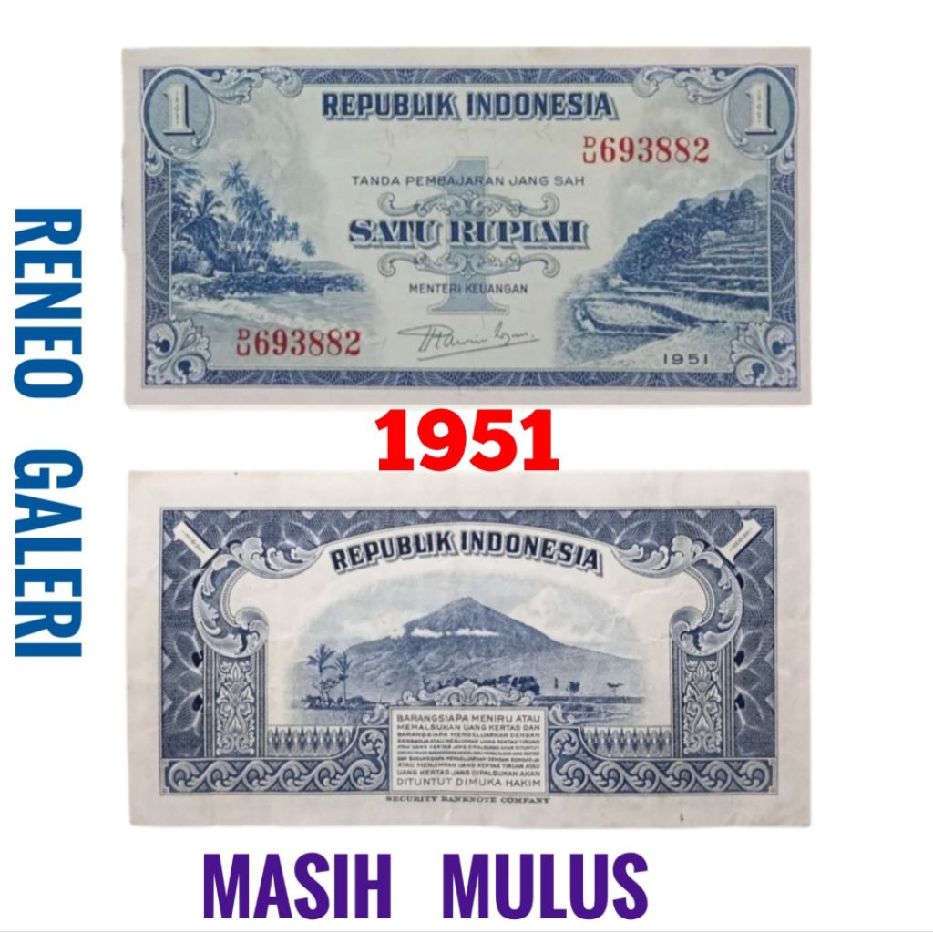 Mulus Asli 1 Rupiah Tahun 1951 Seri Pemandangan alam Rp Uang Kertas kuno duit jadul lawas 1953 lama 