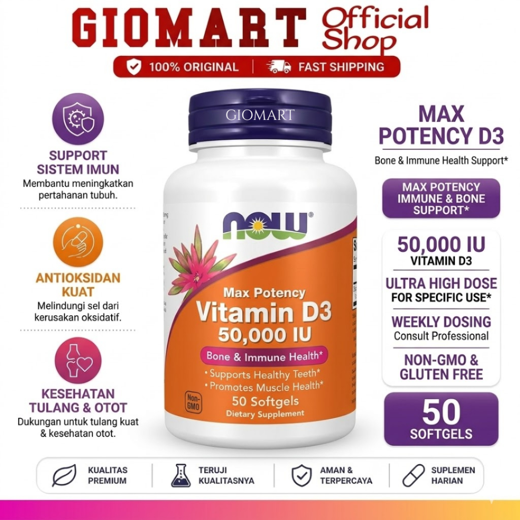 NOW Foods Vitamin D3 50000 IU 50 Softgels - Vitamin D-3 50.000 IU High Potency Original USA - Suplem