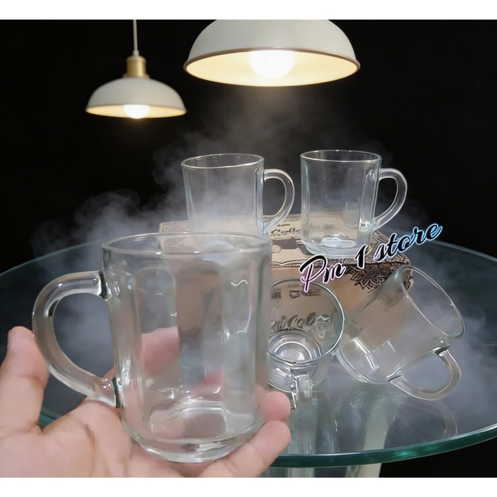 6PCS GELAS KOPI BENING GAGANG /GELAS ULIR /GELAS KACA GAGANG ULIR