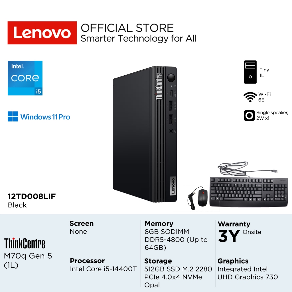 Lenovo PC ThinkCentre Tiny M70q Gen 5 8LIF Intel Core i5-14400T, Integrated Intel UHD Graphics 730, 