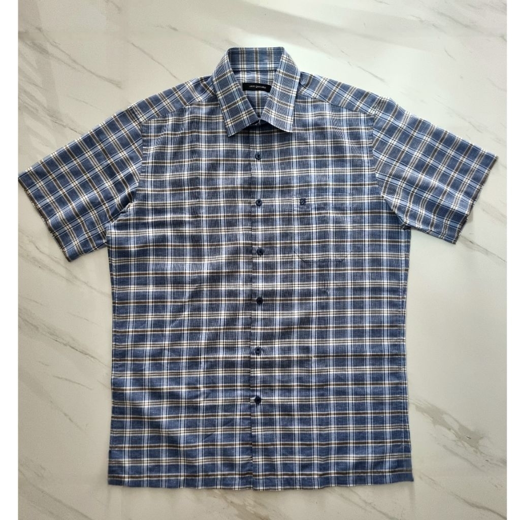 Kemeja Pria - Kemeja Pria Lengan Pendek - Kemeja Kotak kotak - Kemeja Plaid Biru Putih dengan Kancin