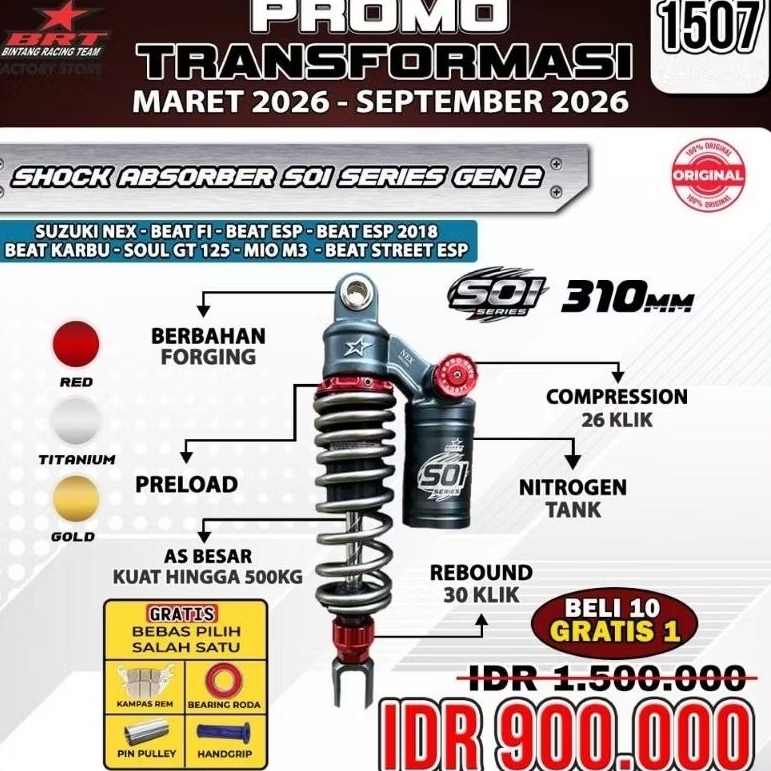 SHOCK ABSORBER SOI SERIES GEN 2 BRT SUZUKI NEXBEAT FI
BEAT ESP 2018
BEAT KARBU
SOUL GT 125
MIO M3
BE