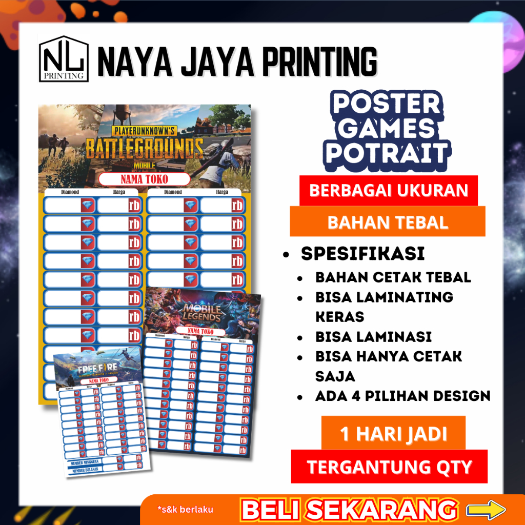 Poster Konter Top Up Games FF Mobile Legends Pubg Potrait