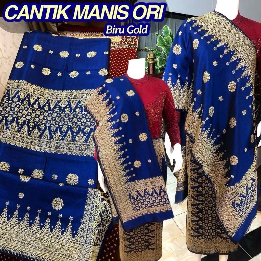songket cantik manis biru gold / songket palembangan asli tenun tangan