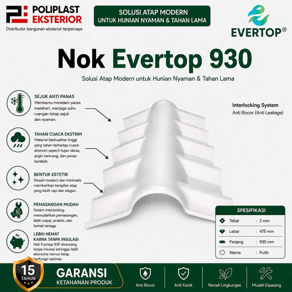Nok Evertop 930 uPVC Double Layer Nok Bubungan Atap uPVC Anti Bocor Tebal 2mm Lebar 475mm