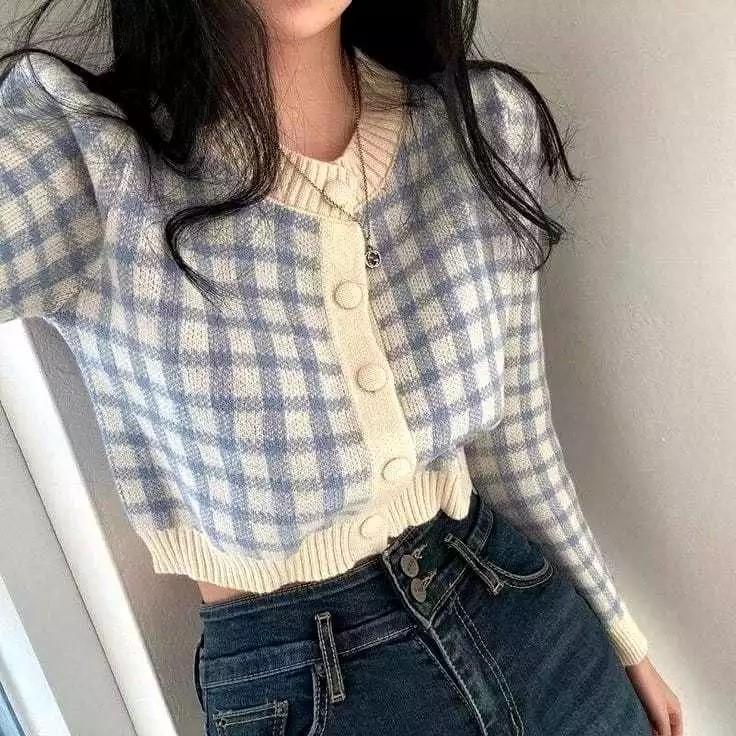 Cardigan Snowy Rajut Motif Kotak Kotak Desain Elegan / Atasan Crop Wanita Lengan Panjang Korea Style