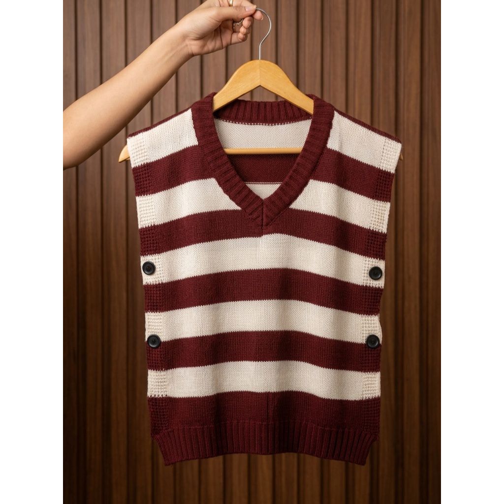 Baju Rajut Rompi Vest Crop Kancing Model Blaster Garis Rajut Premium