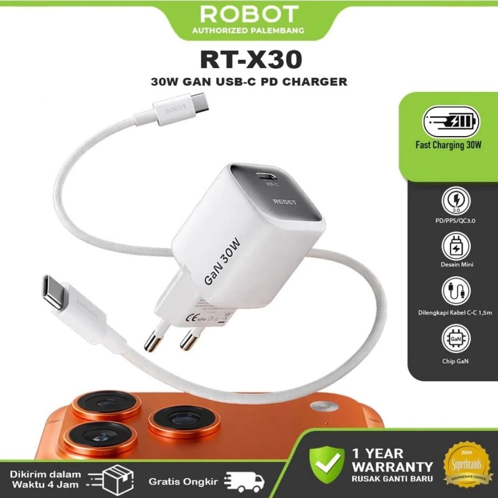 Adaptor Batok Kepala Charger Robot RT-X30 30W GaN Fast Charger Original Bergaransi RTX30 RT X30
