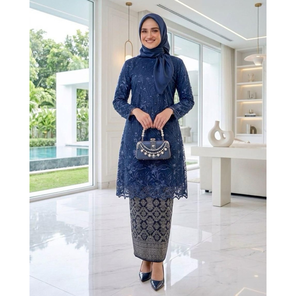 Setelan Kebaya Tunik Brokat Tille Rok Songket / Baju Kurung Brokat Tile / Kebaya Moderen / Kebaya Pe