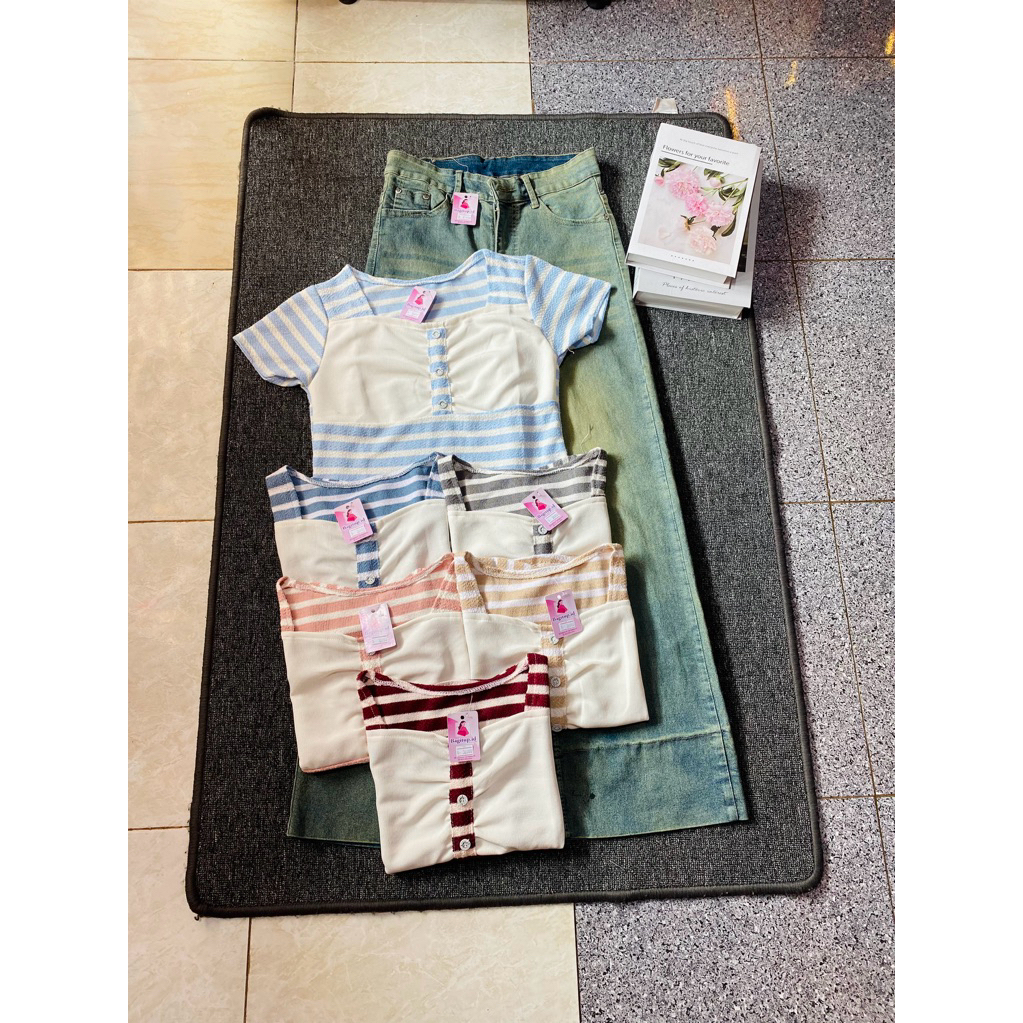 Kaos Wanita Stripe Kancing Depan | Baju Cewek Korean Style Casual Kekinian