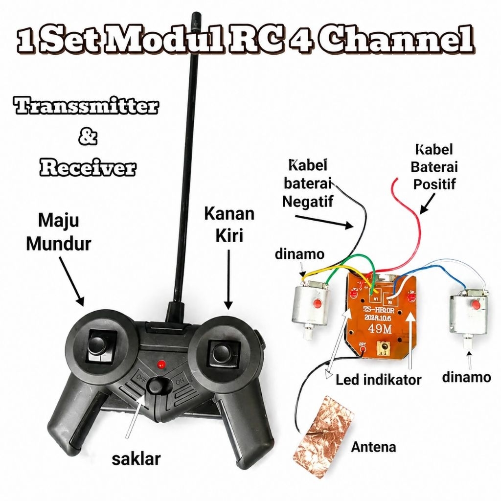 Modul RC 4 Channel 49MHz Lengkap Transmitter & Receiver – Kontrol Maju Mundur Kanan Kiri