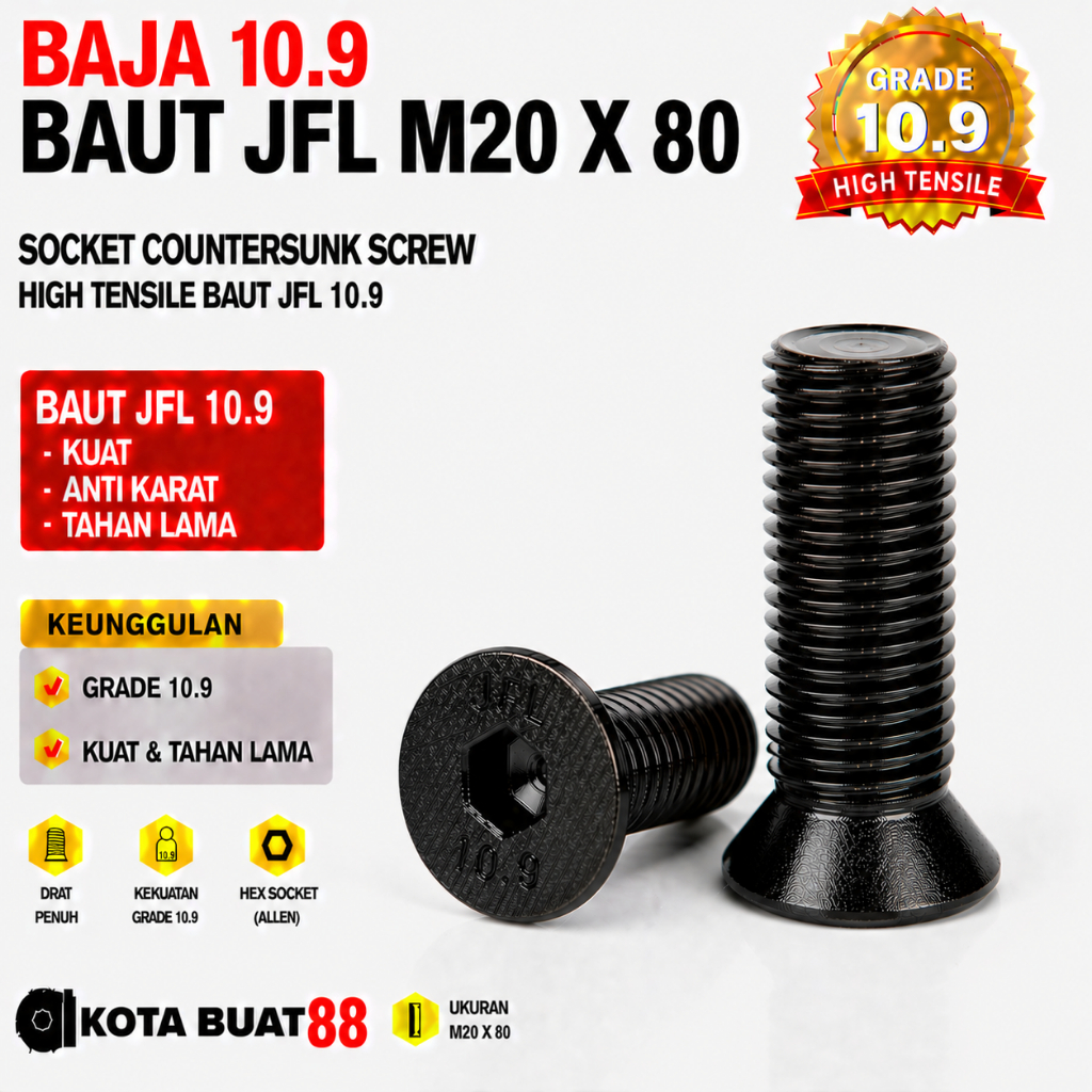 Baja 10.9 Baut JFL M20X80 / Baut Verseng L 20X80 / Countersunk L M20 X 80 / 20 X 80  - Socket Counte