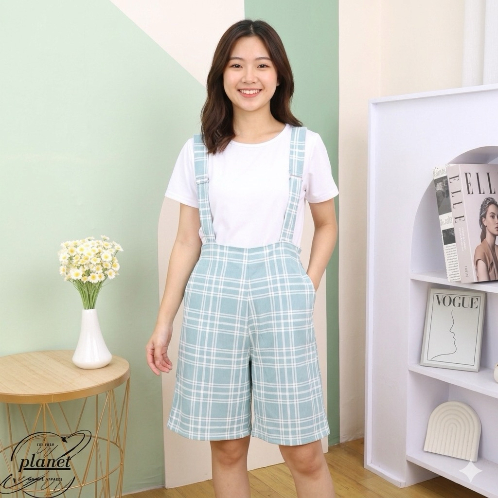 OVERALL CELANA PENDEK DEWASA BAJU KODOK MOTIF KOTAK JUMPSUIT WANITA