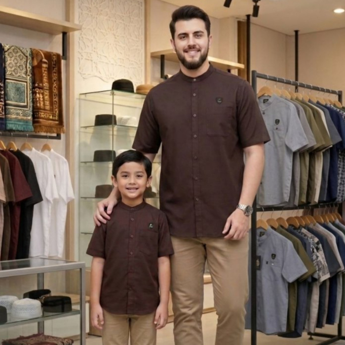 Baju Koko Pria Dewasa Lengan Pendek Kerah Shanghai Warna Mahogany Baju Koko Couple Ayah dan Anak