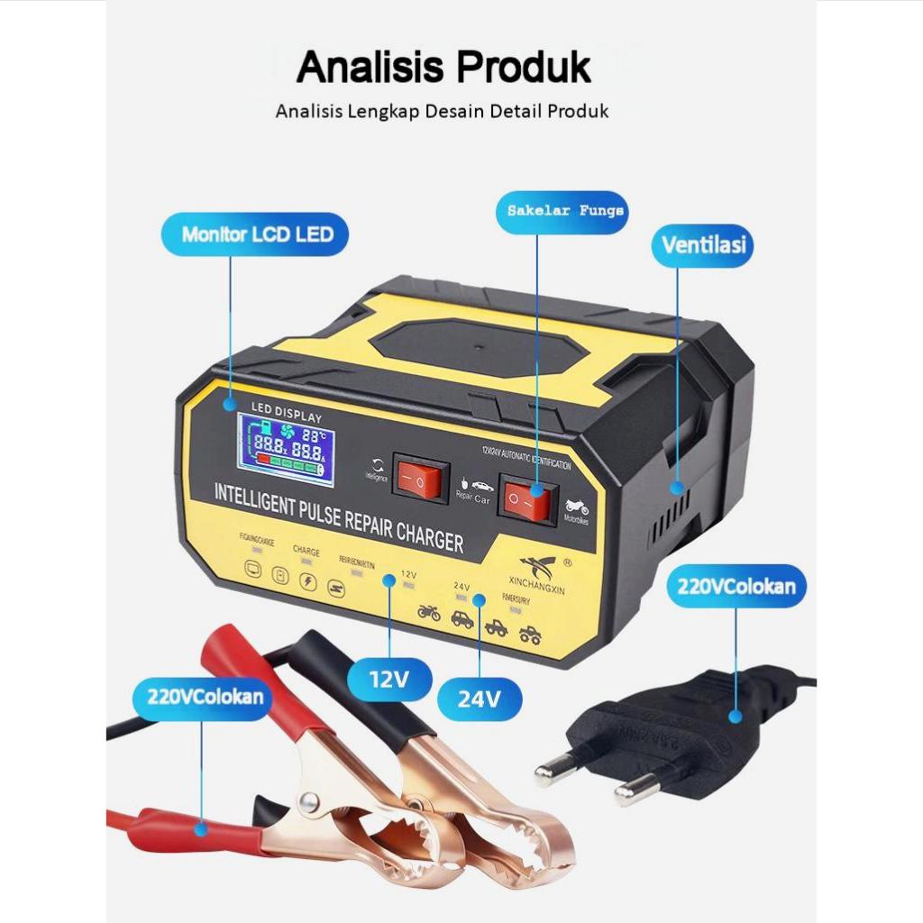 Charger Aki 12V Otomatis Sistem Pulsa Perbaikan Aki Anti Overheat Colokan 2 Lubang