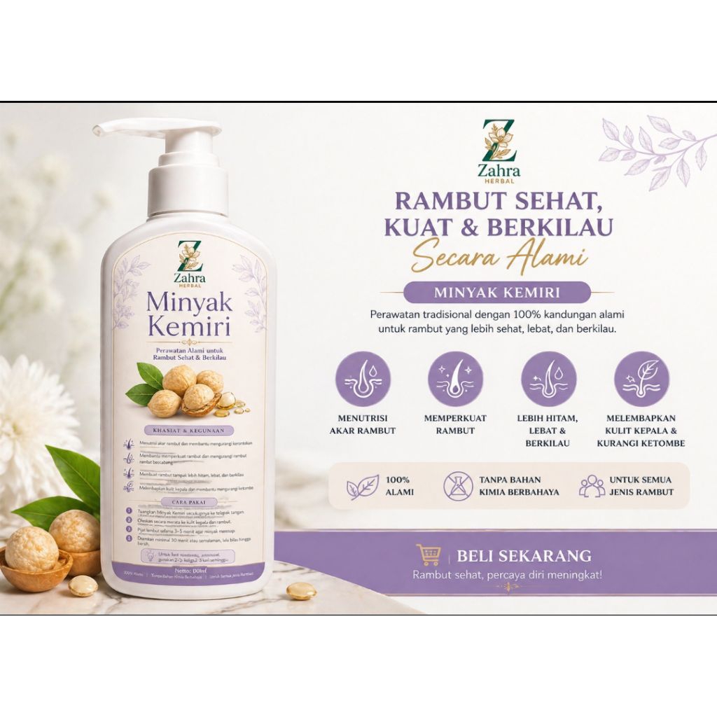 ZAHRA minyak kemiri murni pelebat rambut penumbuh rambut minyak kemiri murni 100ml Terdaftar di BPOM