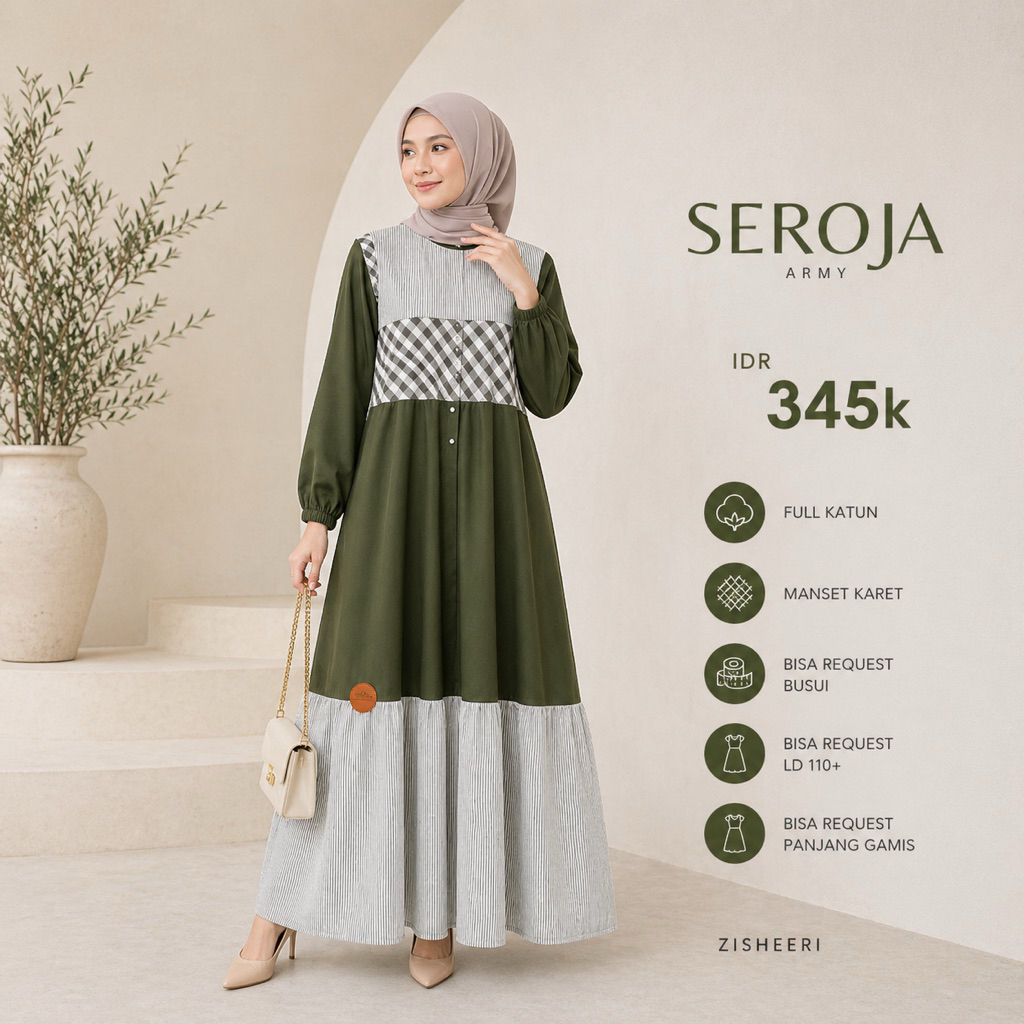 Zisheeri Gamis Seroja Army Dress Daily Syari Bahan Katun