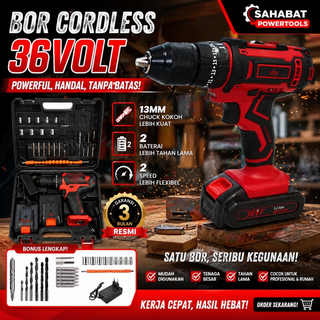 YUKIDO Red 12V 36V  Mesin Bor Cordless bor listrik 2 baterai set - 12V  1Baterai BOR TAMPA KABEL BOR