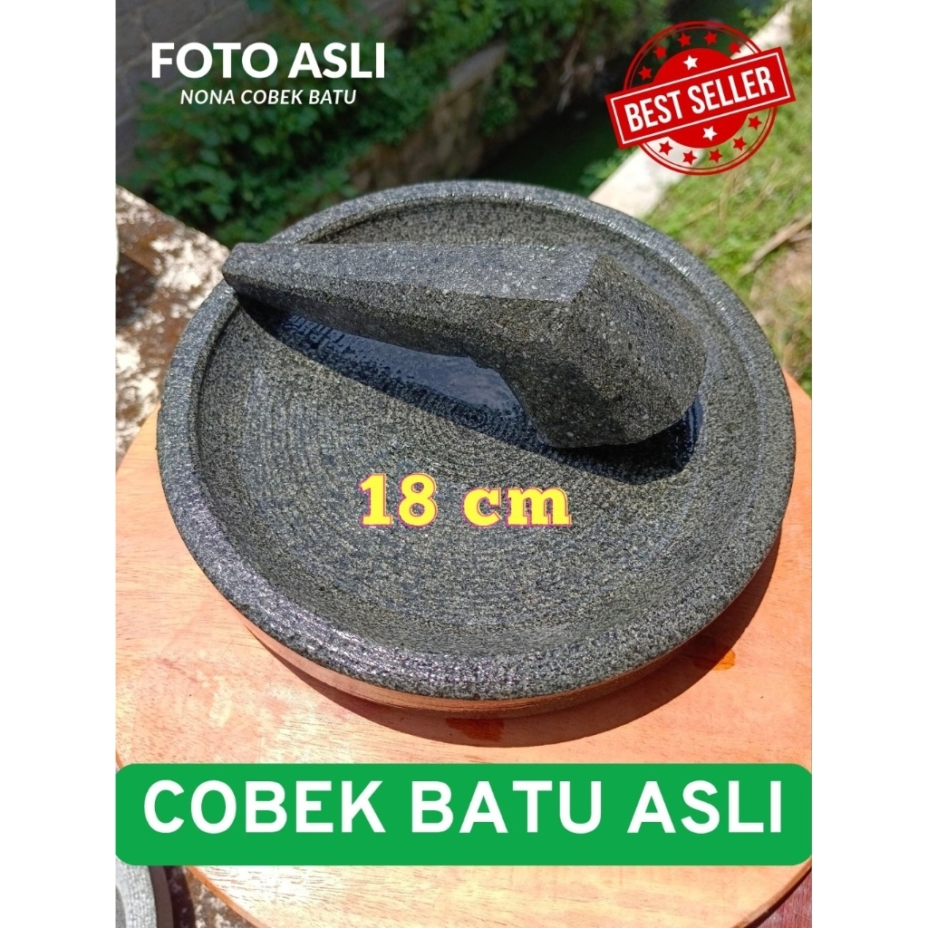 NONA Cobek Batu Asli Gunung Ukuran 18 cm + Ulekan Anti Luntur, Anti Jamur, Kuat, Tahan Lama, Kokoh