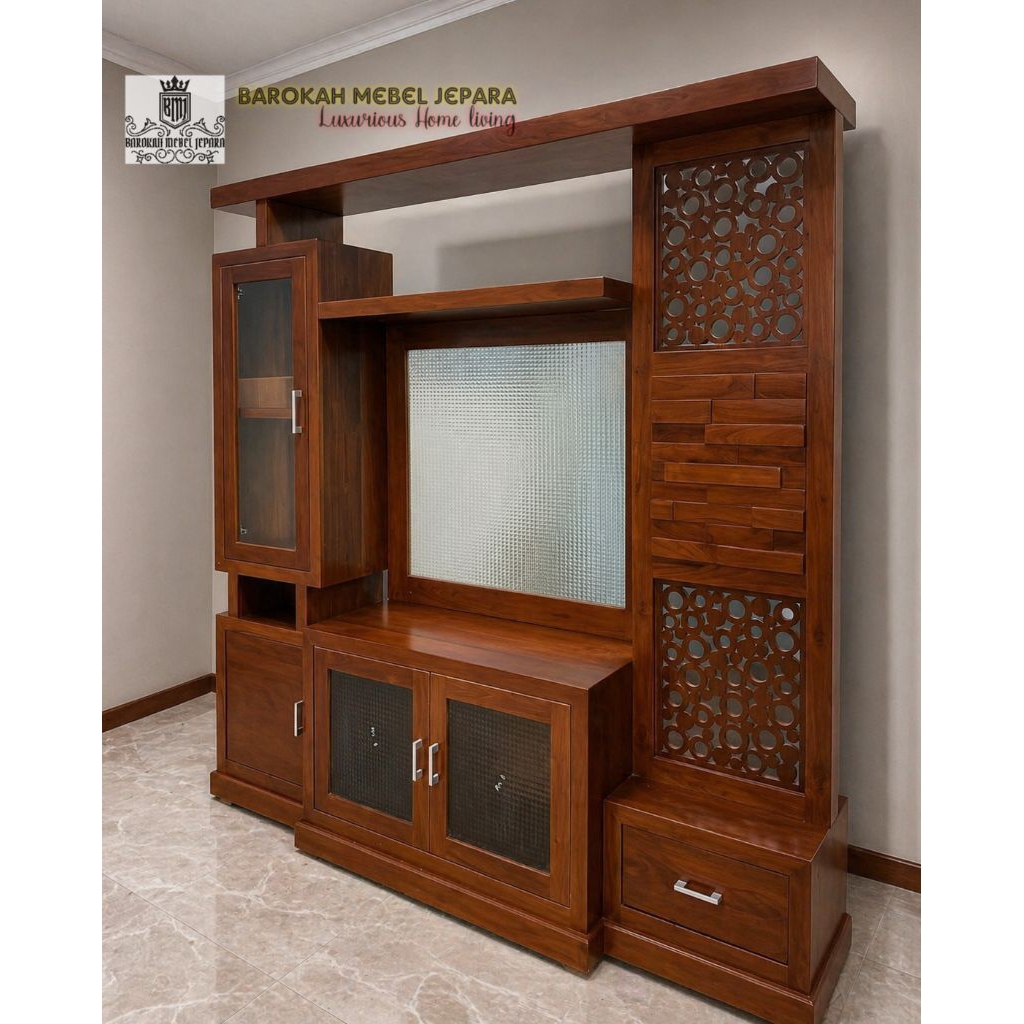 partisi tv jati bufet partisi ruangan minimalis backdrop tv