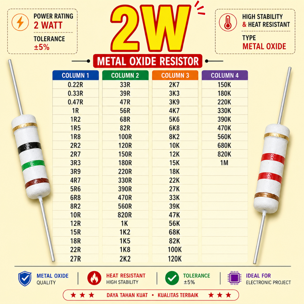 50Pcs Resistor 2 watt 5% 0.22  0r33 0.47 1R 1.2 1.5 1.8 2.2 2.7 3.3 3.9 4.7 5.6 6.8 8.2 10 12 15 18 