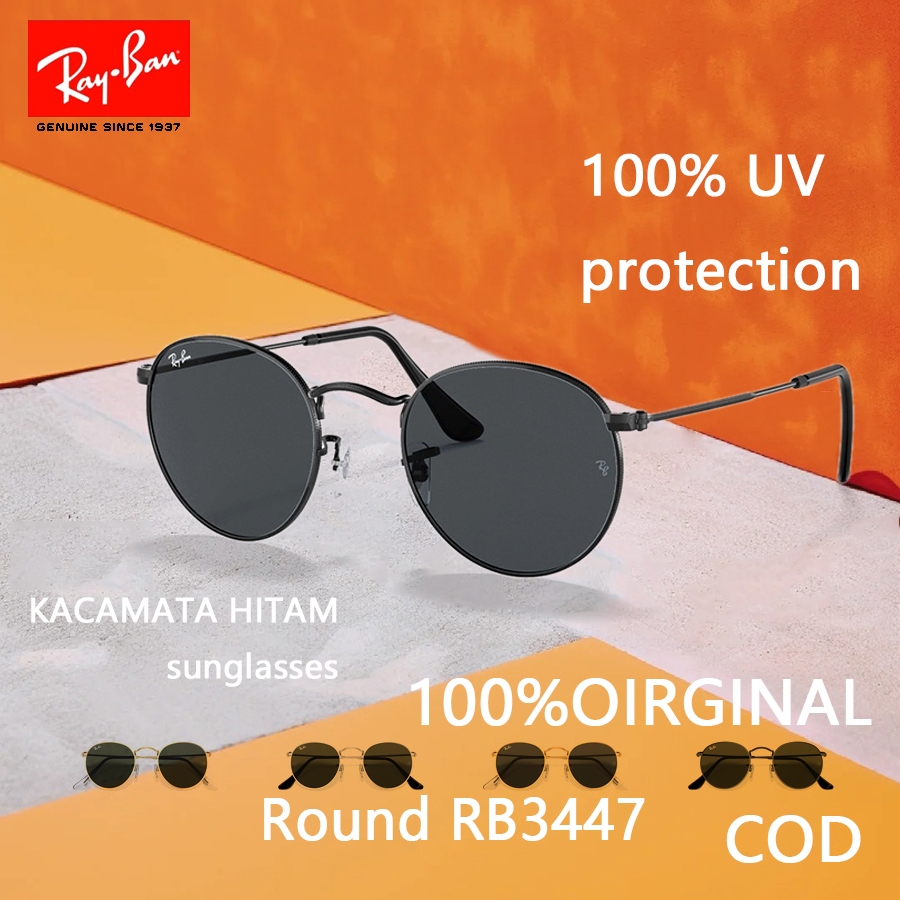 Ray-Ban Round Metal RB3447 Kacamata Bulat 100% Original Anti UV400, Frame Hitam Elegan Style Retro K