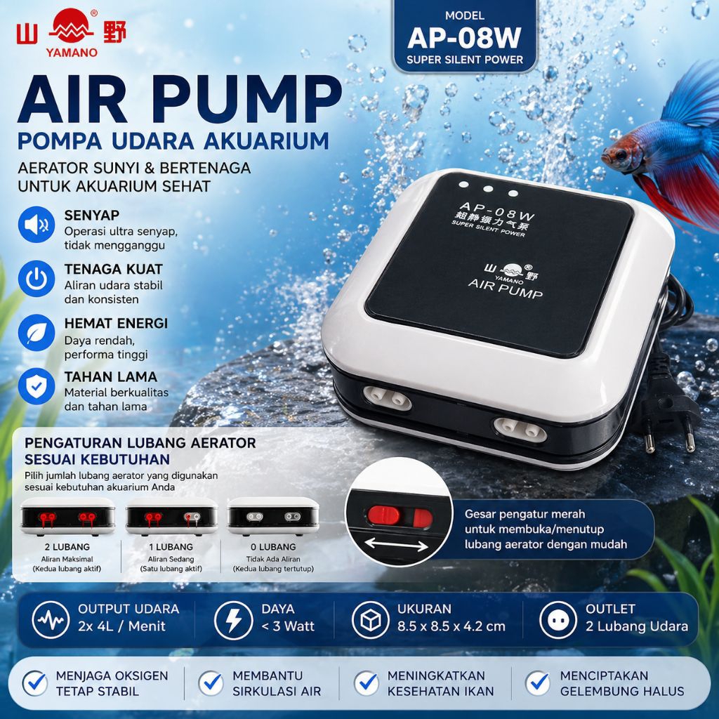 Airpump aerator aquarium kolam YAMANO AP 08