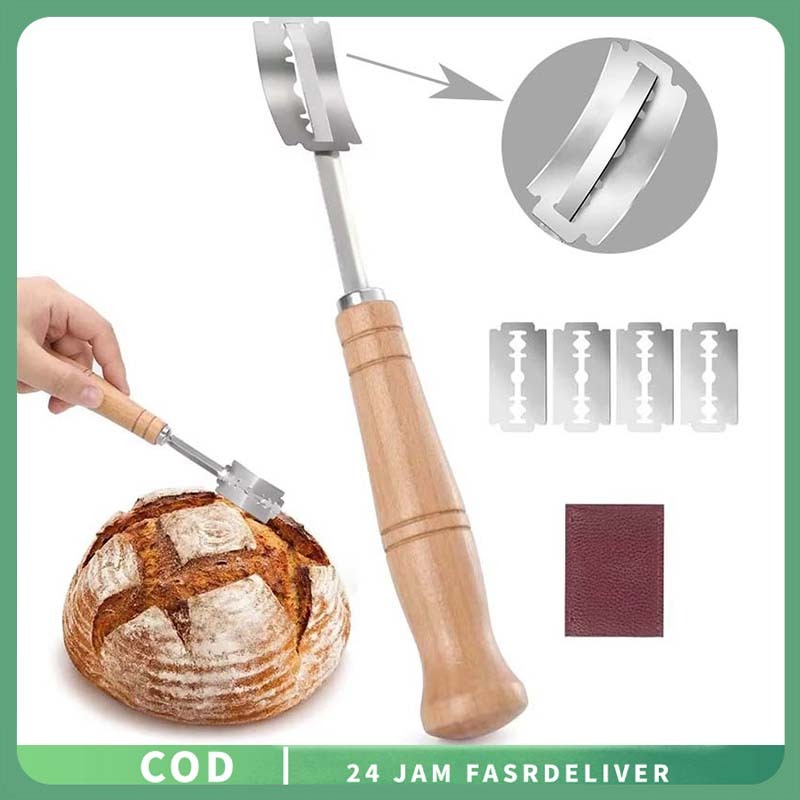 Scoring Knife 304 Gagang Kayu Sourdough Scoring Knife Alat Pemotong Bread Pisau Scoring Multifungsi