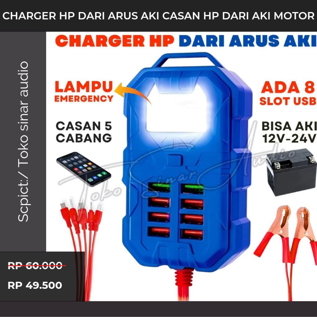 Promo  Charger HP Dari Arus Aki Casan HP Dari Aki Motor / Mobil Kabel Jack Buaya 50cm