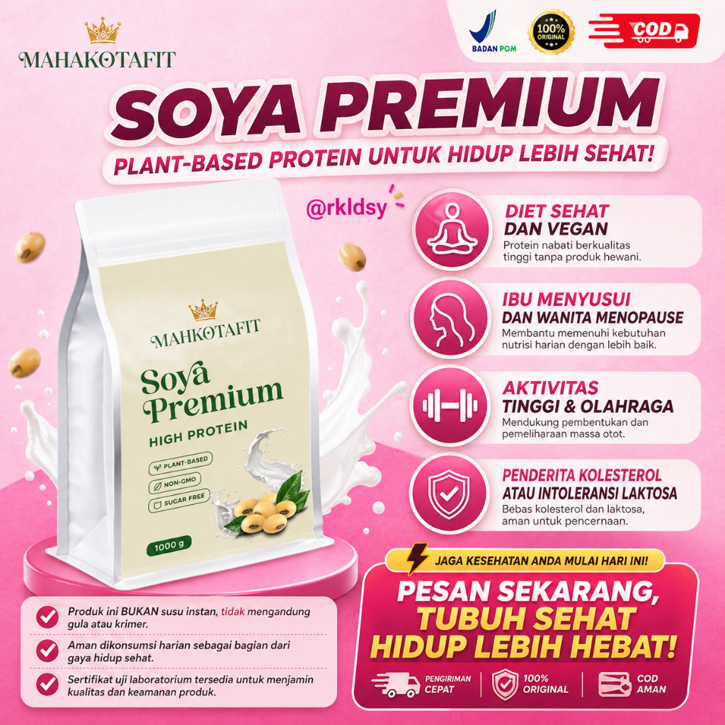 Susu Bubuk Kedelai Premium Tanpa Kolesterol | Susu Kedelai Bubuk Mahkota Fit 1000 Gram - Tanpa Gula,