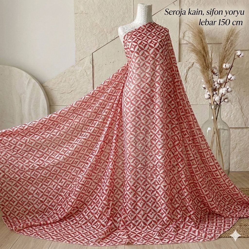 Kain Sifon Silk Motif Geometris Merah Putih - Lebar 150cm Sks