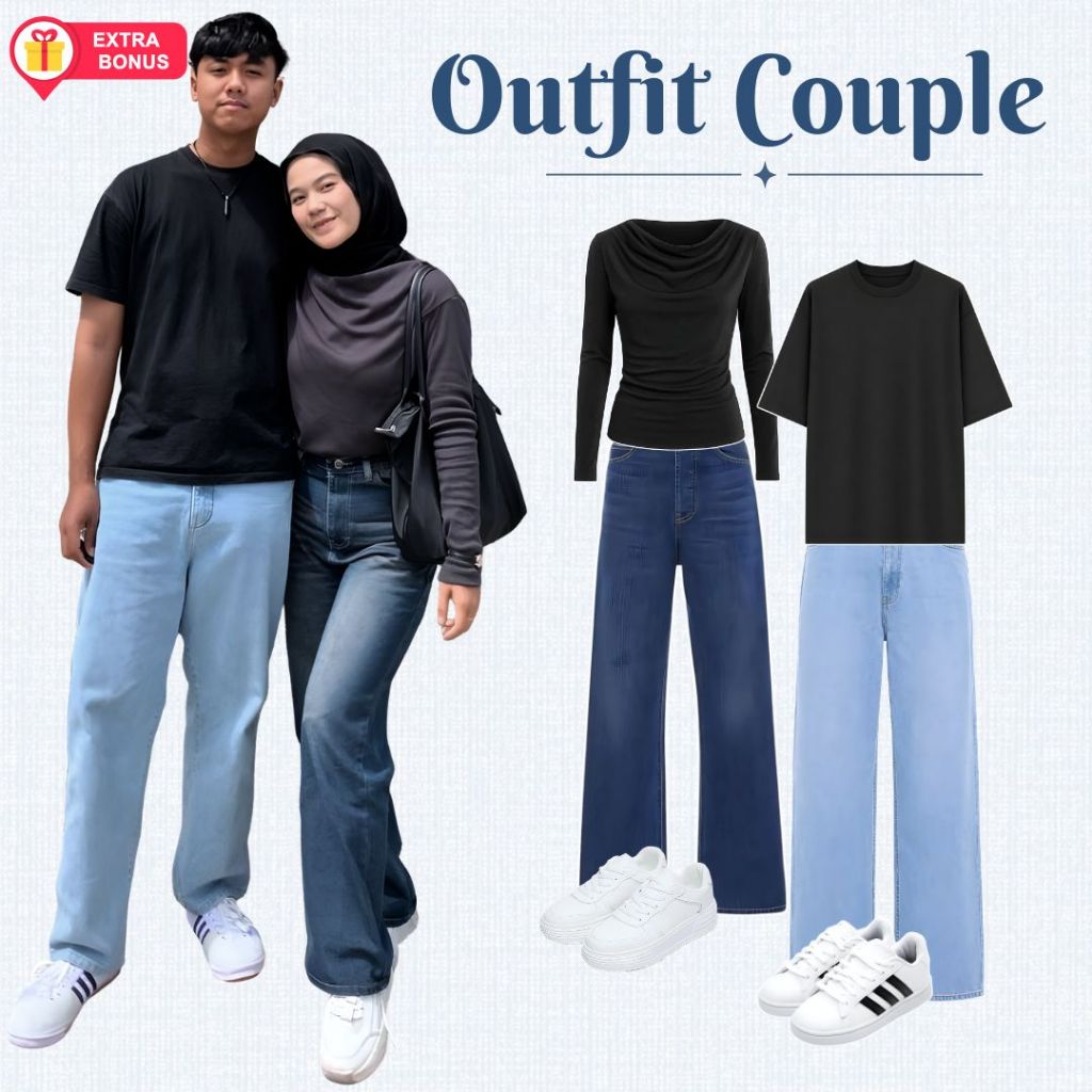 OneSet Couple Celana Kulot Jeans Blouse Hijab Pasmina Wanita Kaos Polos Pria | ootd outfit oneset se