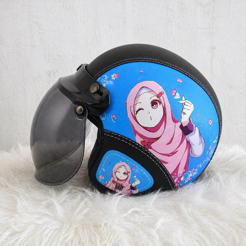 Helm Bogo Kulit Retro Klasik Motif Standart Dewasa (Hijab biru)