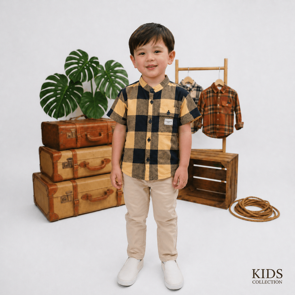 Kemko/Kemeja Koko Anak 1-13 Tahun Lengan Pendek Flanel Premium Motif Kotak Kuning Hitam Catur By Lib