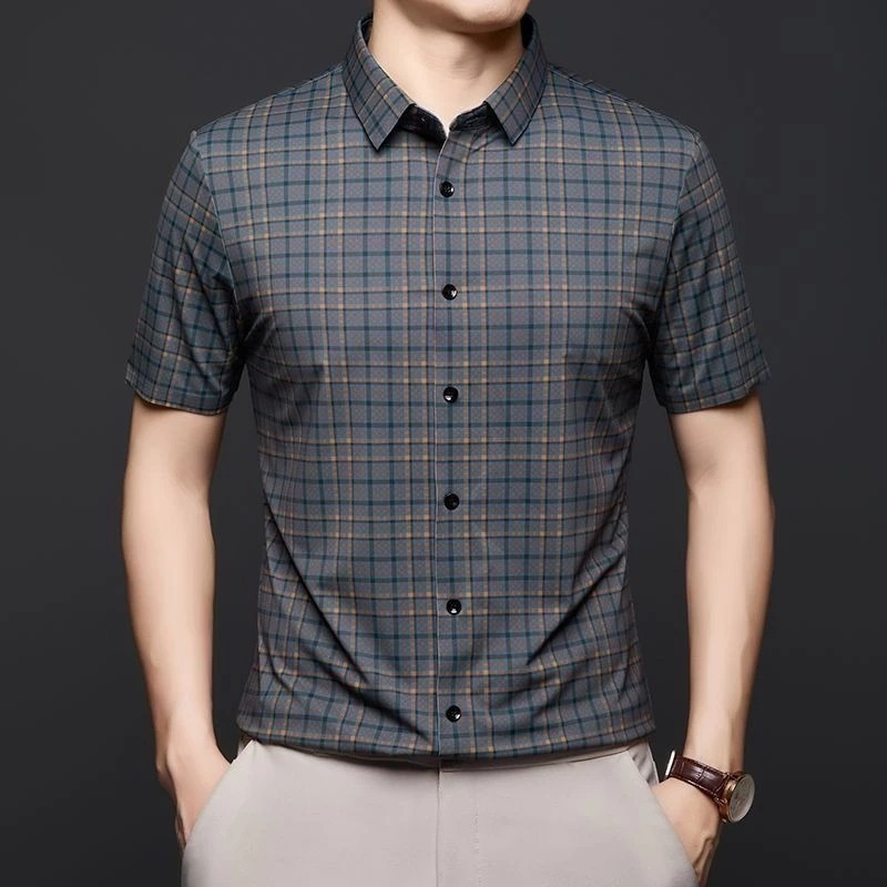 Kemeja Pria Lengan Pendek Tanpa Jahitan Motif Kotak-kotak Kemeja Polo Lengan Pendek Bahan Sutra Es P