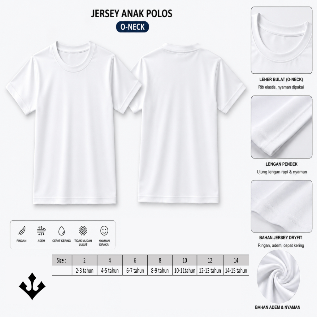 Kaos Jersey Anak Putih Polos Usia 2-14 Tahun Dryfit Brazil
