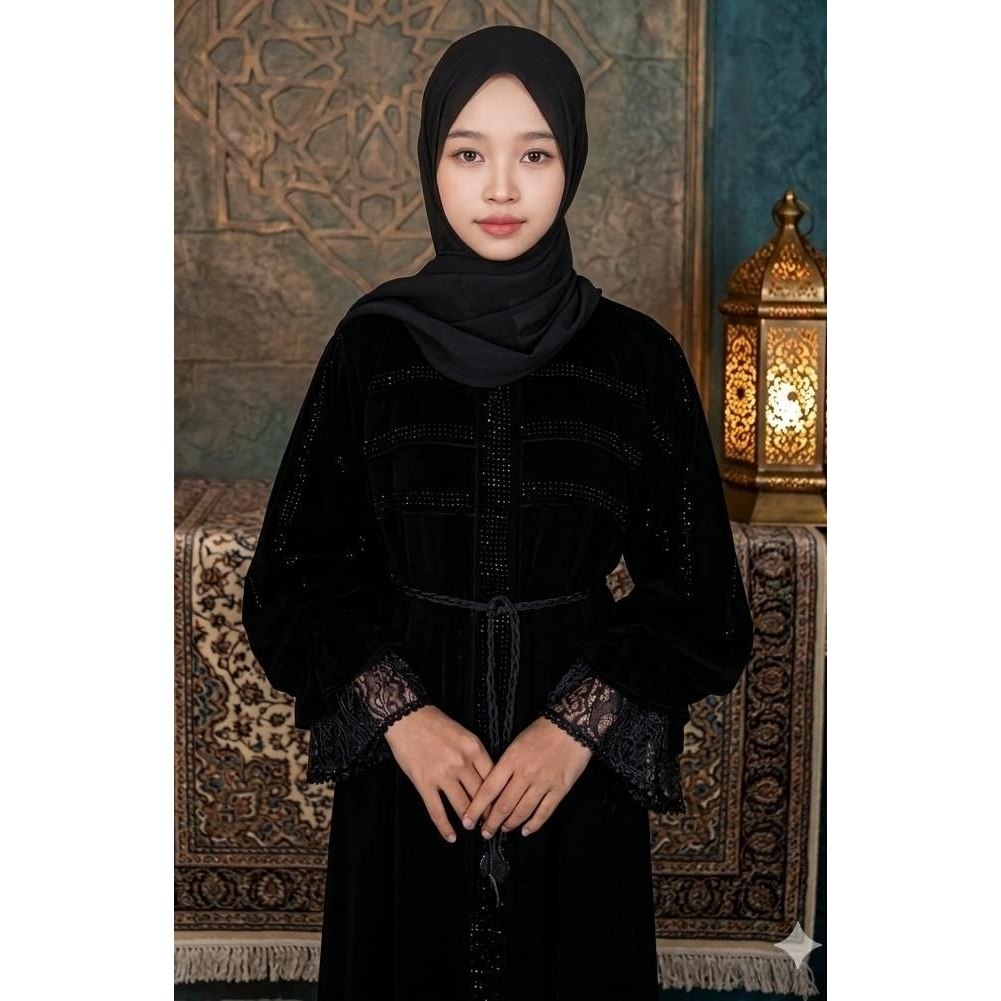 abaya jihan alkhatib - model elegan, tangan karet, renda unik motte press hitam cantik
