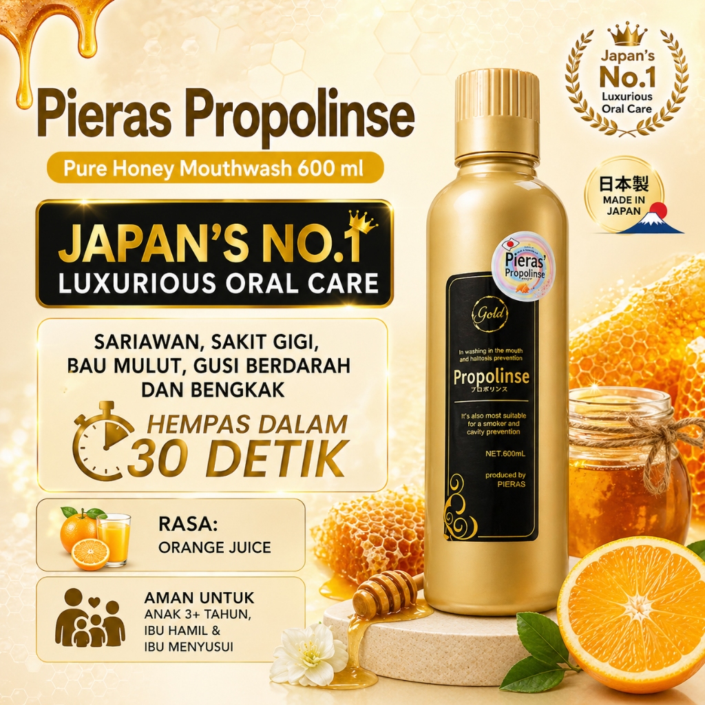 Pieras Propolinse Ultimate Gold Mouthwash 600 ml dengan Propolis dan Teh Hijau