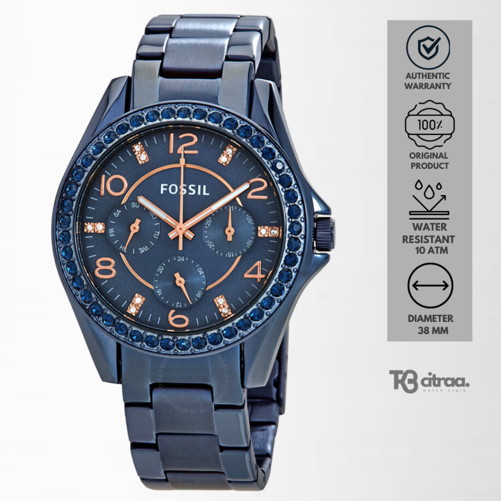 Jam Tangan Wanita Fossil Riley Chronograph Blue Stainless Steel Mewah Original ES4294