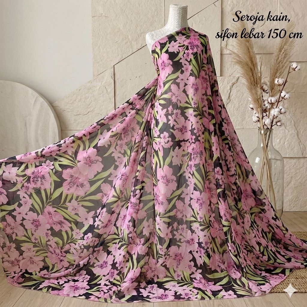 Kain Sifon Motif Bunga Pink Latar Hitam - Lebar 150cm Lq